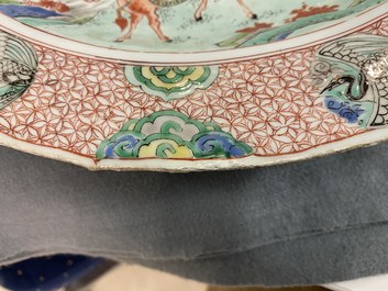 A Chinese famille verte dish with figures in a landscape, Kangxi